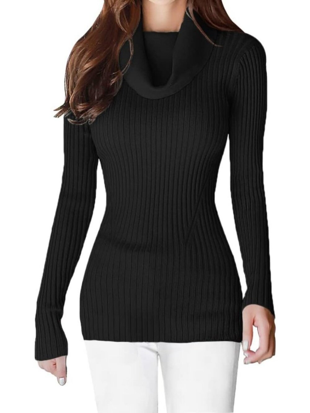 Women's Slim Fit Stretchy Cowl Neck Long Sleeve Bodycon Sweater - Sexy Knit Top